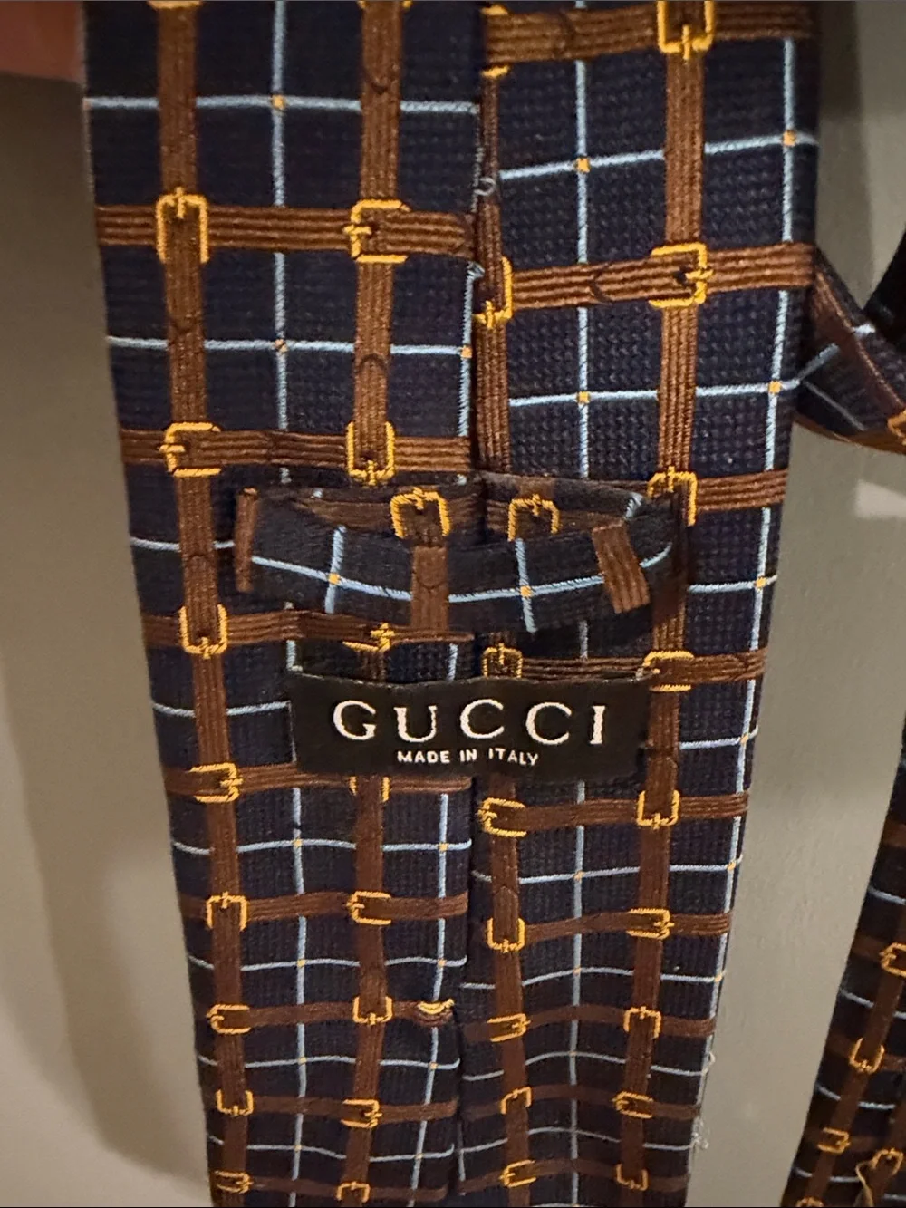 Gucci Navy and Orange Grid Silk buckles pattern Tie